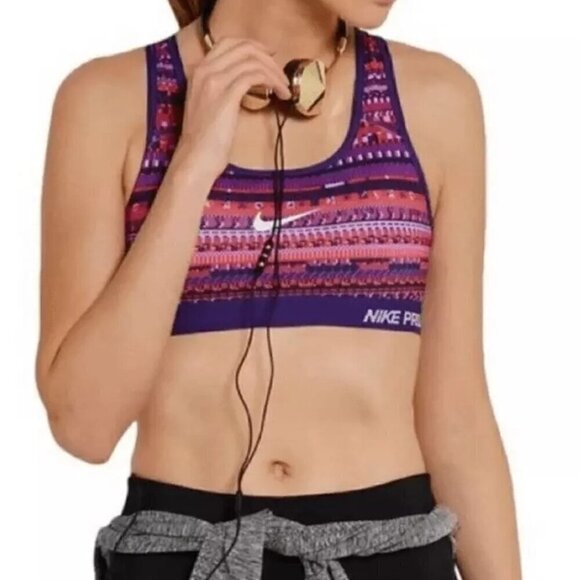 Nike Pro Dri Fit Sports Bra Womens Sz Small Aztec Purple Swoosh Removable Pads - Picture 1 of 12